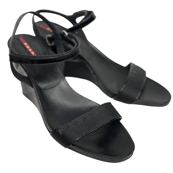 Prada Black Leather Wedges Spellout Logo Strappy Minimalist Sandal Size EU 41 - Picture 1 of 12